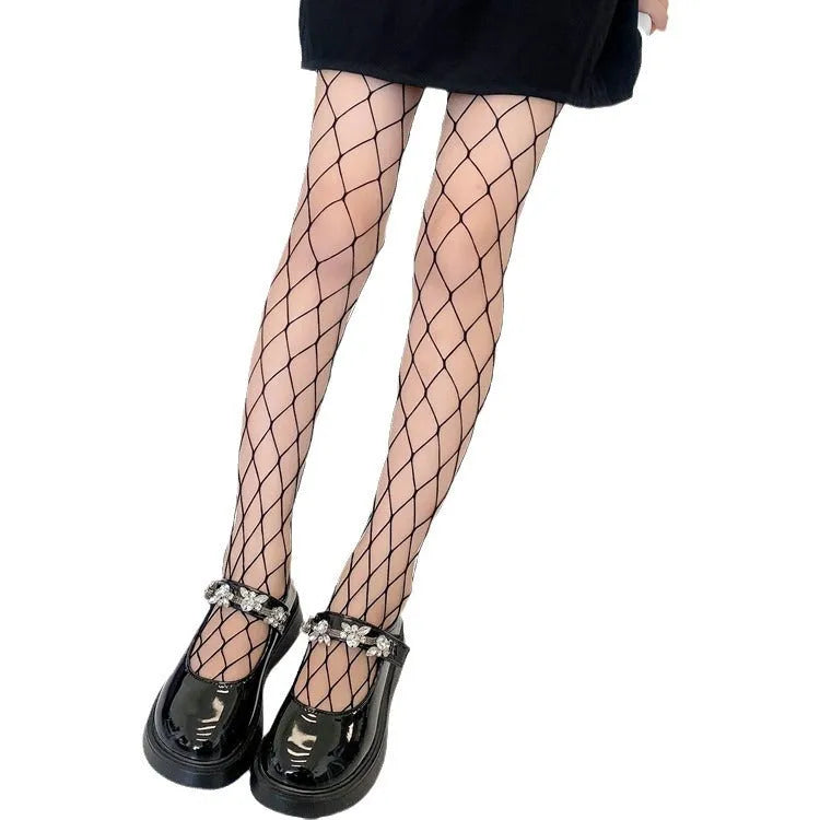 Women's sheer mesh pantyhose showing large, medium, and small mesh patterns in black and white colours.