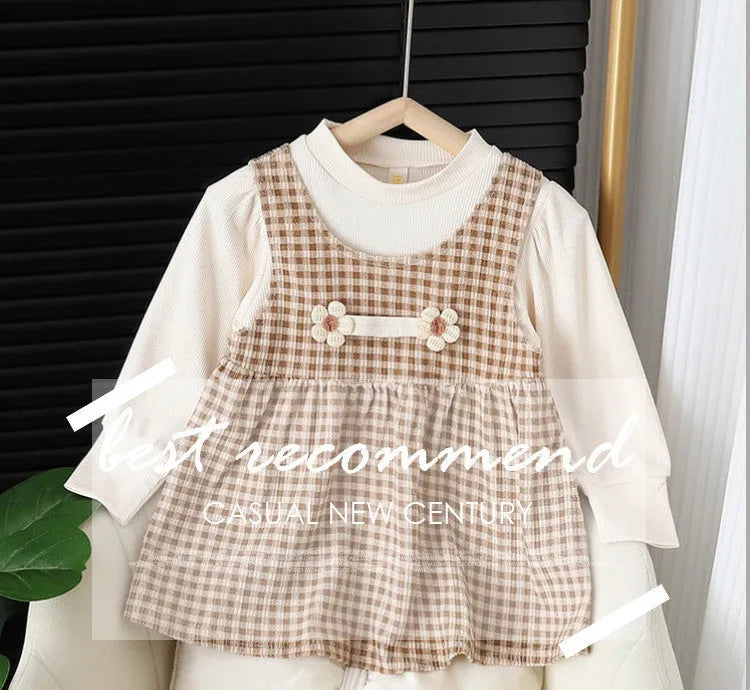 Baby girl cotton blend dress suit with plaid pattern and long sleeves in dark coffee colour