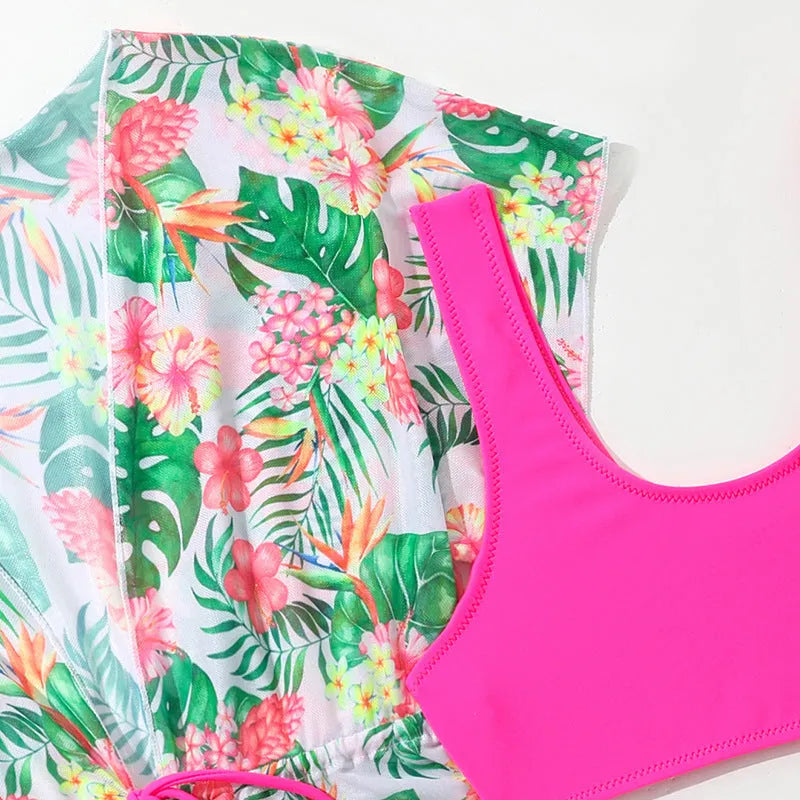 Girls' floral two-piece swimsuit in Korean style, sizes 130cm to 160cm.
