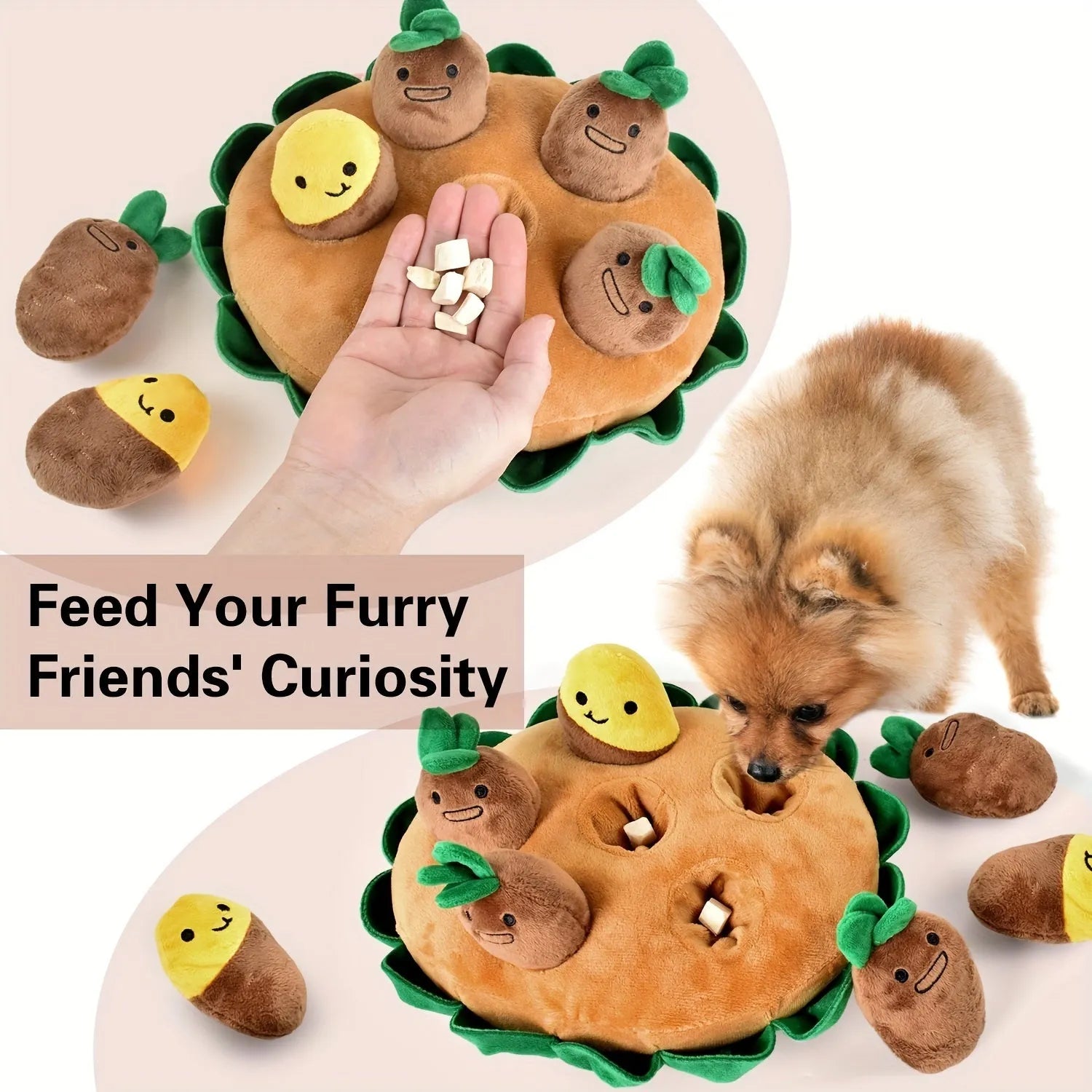 Yellow dog puzzle mat with removable squeaky plush toys for foraging training and slow feeding