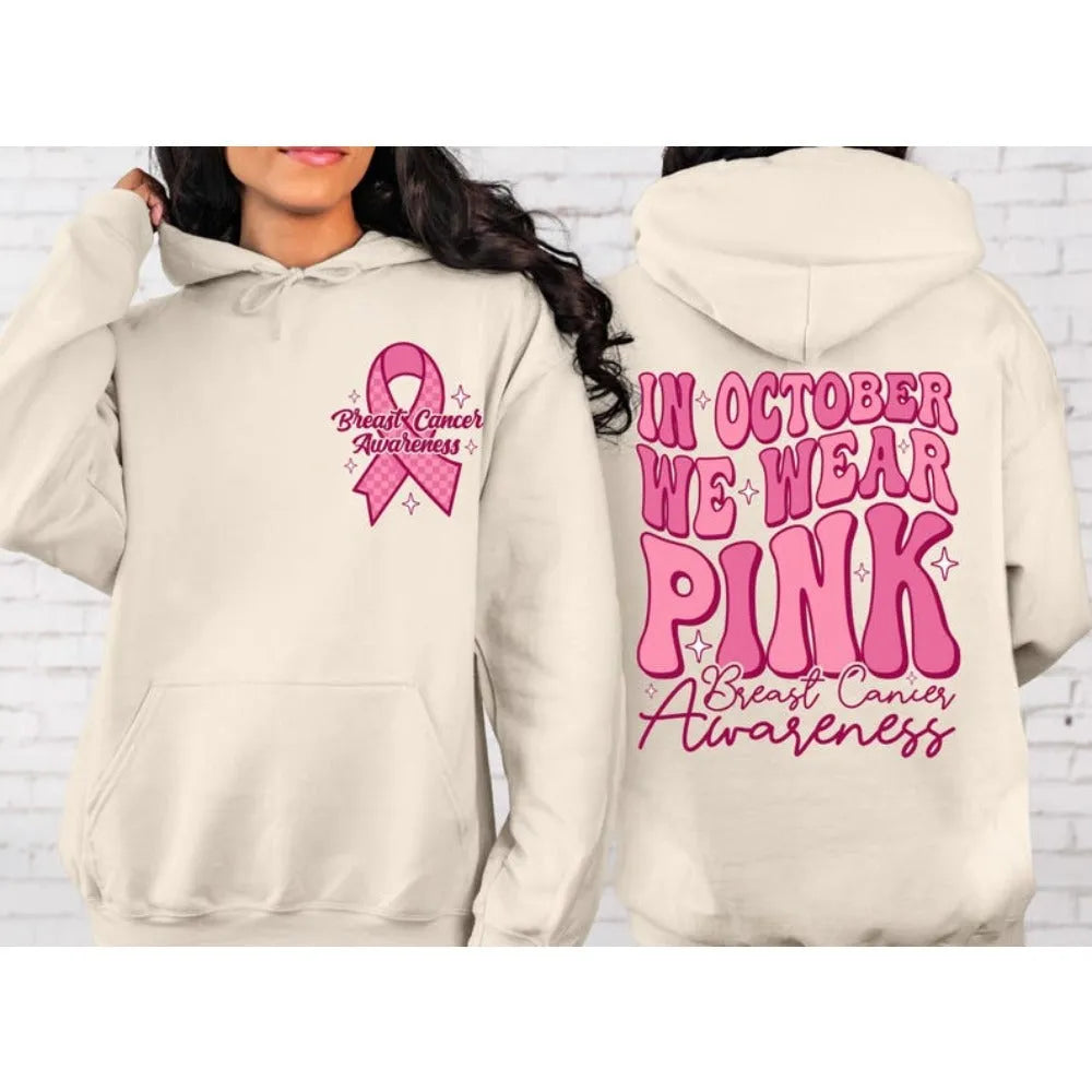 Women's pink breast cancer awareness pullover hoodie with side pockets and retro art design