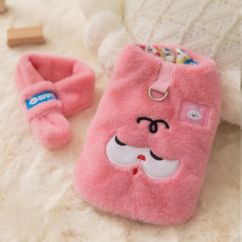Autumn winter Korean dog hoodie with cartoon little bear design and scarf for small medium pets