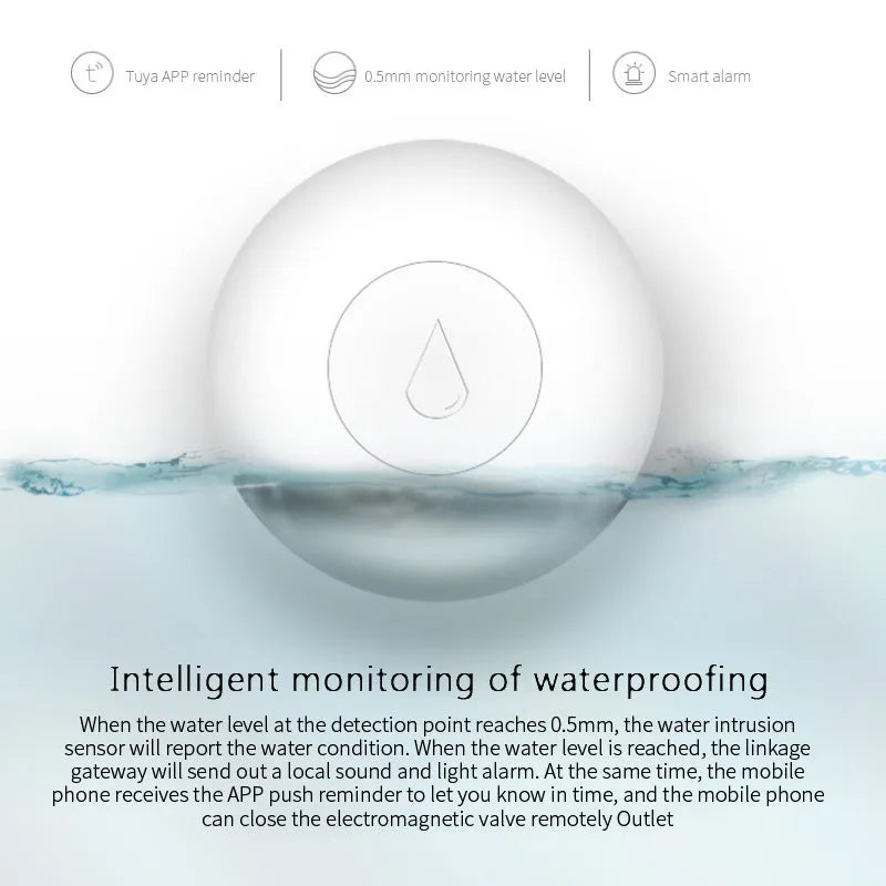 Compact white Zigbee wireless water flood sensor on a table