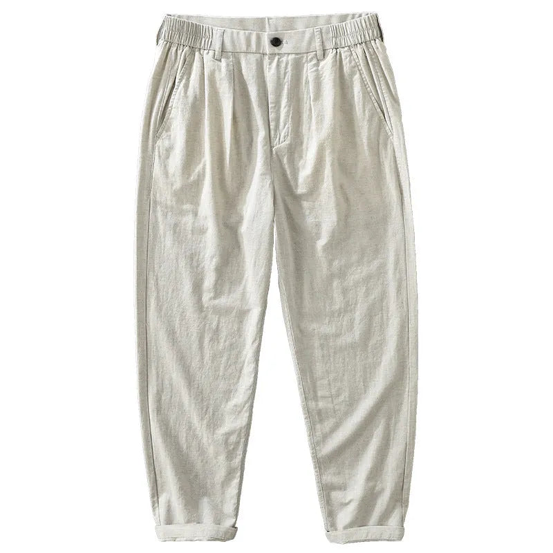 Men's straight-leg cotton linen trousers in loose fit with Japanese retro style, shown in black colour