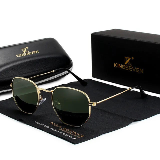 Classic round retro sunglasses for men with black frame and tinted lenses on a table.