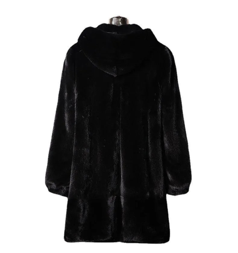 Women's black faux fur hooded coat with regular sleeves for autumn winter street fashion wear