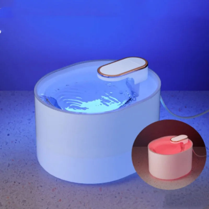 Automatic USB pet water fountain for cats and dogs in blue or white.