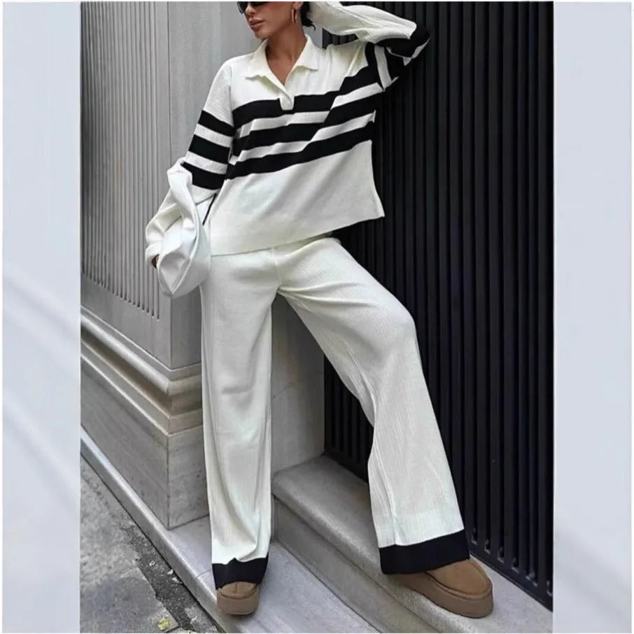 Women's black and white striped knitted polo collar top and trousers two-piece set