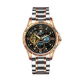 Men's rose gold automatic mechanical watch with black dial and stainless steel strap