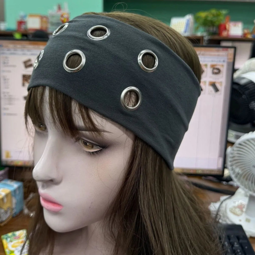 Punk metal circle hip hop pullover hair band in hollow metal construction with polyester fabric