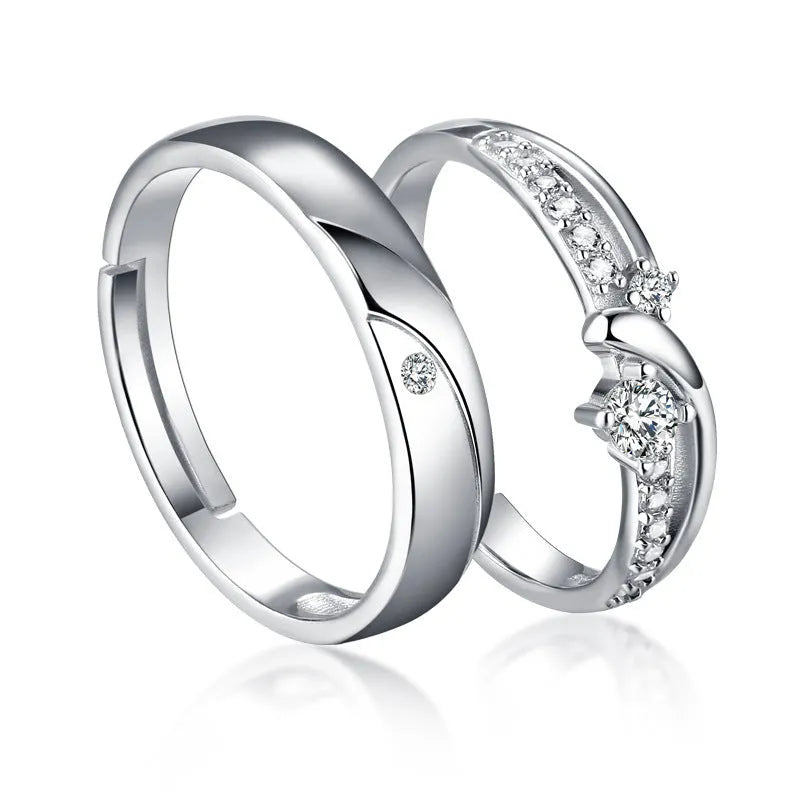Simple sterling silver couple ring set in white gold finish with gem inlay