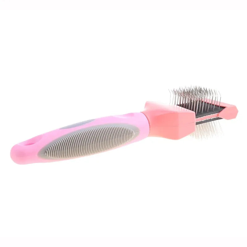 Double sided pet grooming brush with stainless steel pins on a blue handle