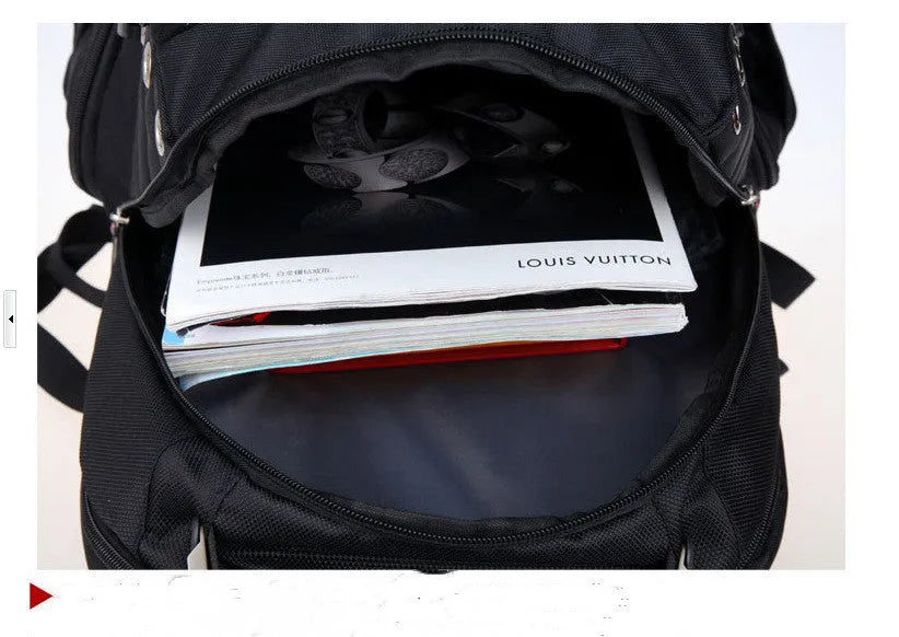 Black travel outdoor backpack with metal hardware and polyester construction, waterproof and breathable design