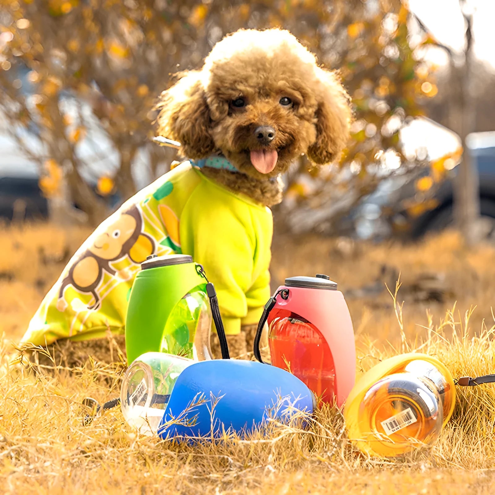 Blue plastic dog water bottle with built-in drinking bowl showing 680ml capacity and key lock mechanism