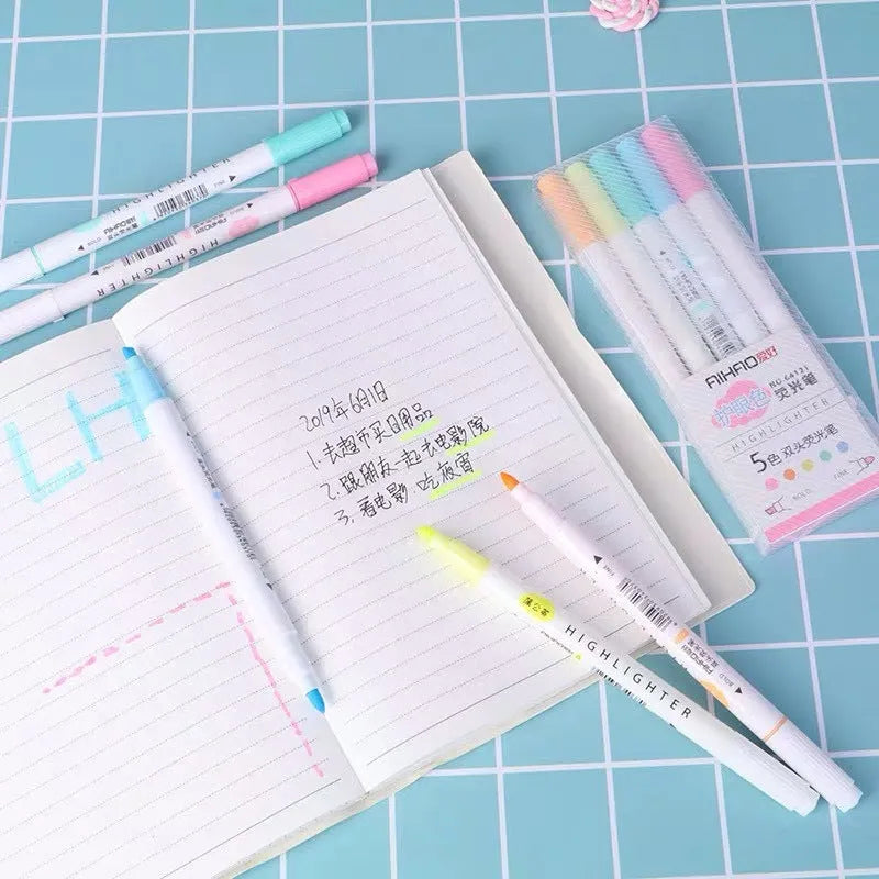 Set of five double-head gel pens with highlighter and writing tips in yellow, pink, green, blue, and orange colours