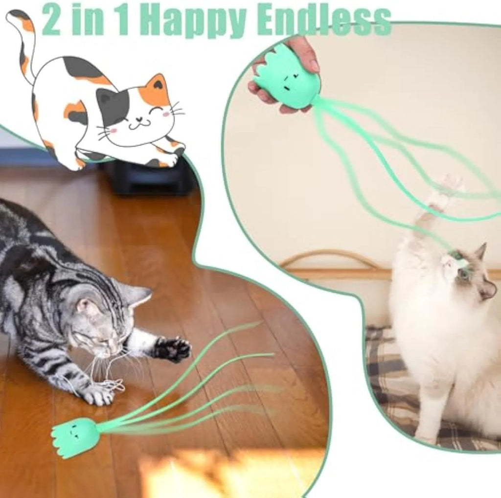 Green automatic cat wand toy with silicone tails rotating for indoor cat play
