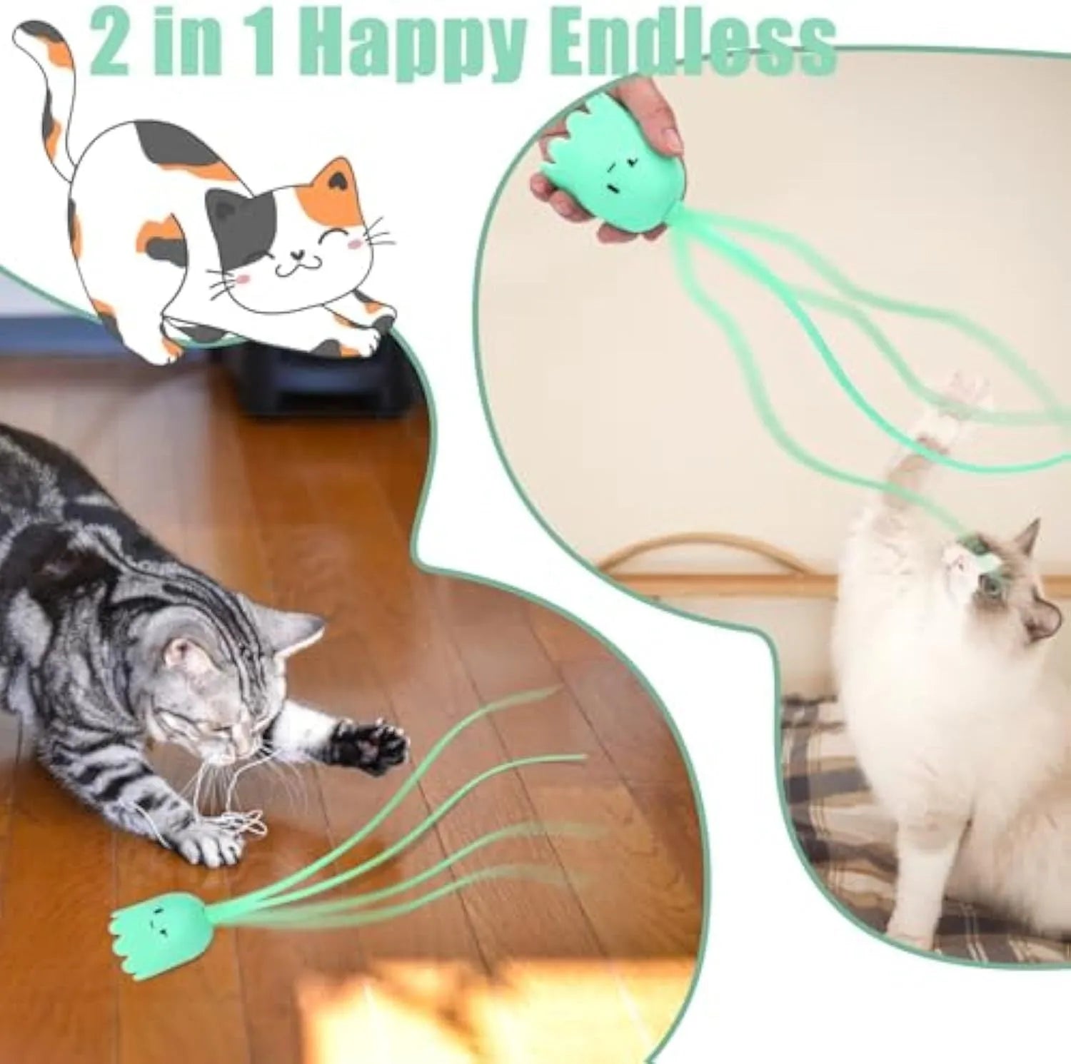 Green automatic cat wand toy with silicone tails rotating for indoor cat play
