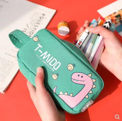 Cartoon stationery bag with dinosaur pattern in blue colour on white background