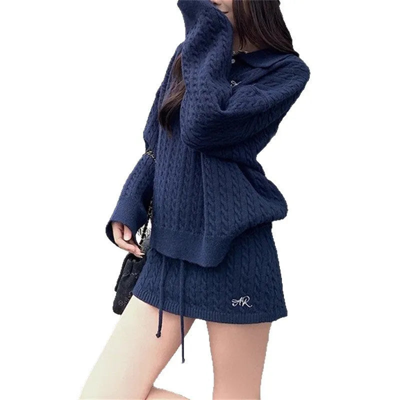Korean academic twist knit skirt set in beige colour blocking, long sleeves, short skirt, polyester velvet