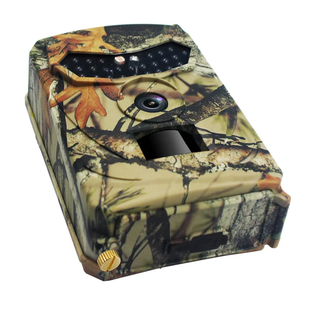 Yellow brown plastic hunting game camera with infrared LEDs and lens for outdoor wildlife monitoring
