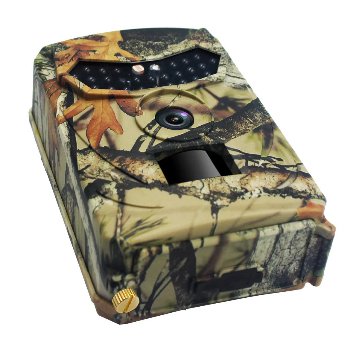 Yellow brown plastic hunting game camera with infrared LEDs and lens for outdoor wildlife monitoring