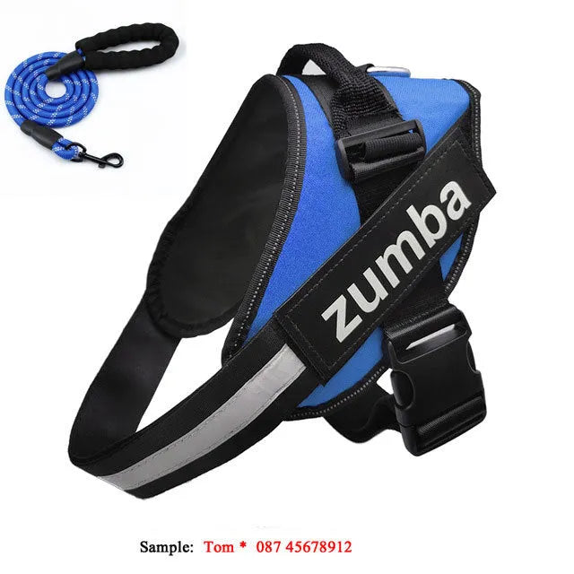 Reflective adjustable nylon dog harness and leash set in six sizes XS to XXL, seven colours available