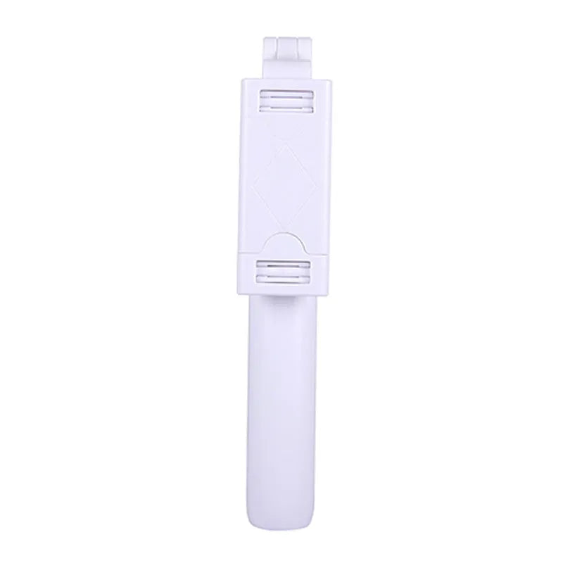 Bluetooth selfie stick tripod folded and extended on white background, black colour, plastic construction