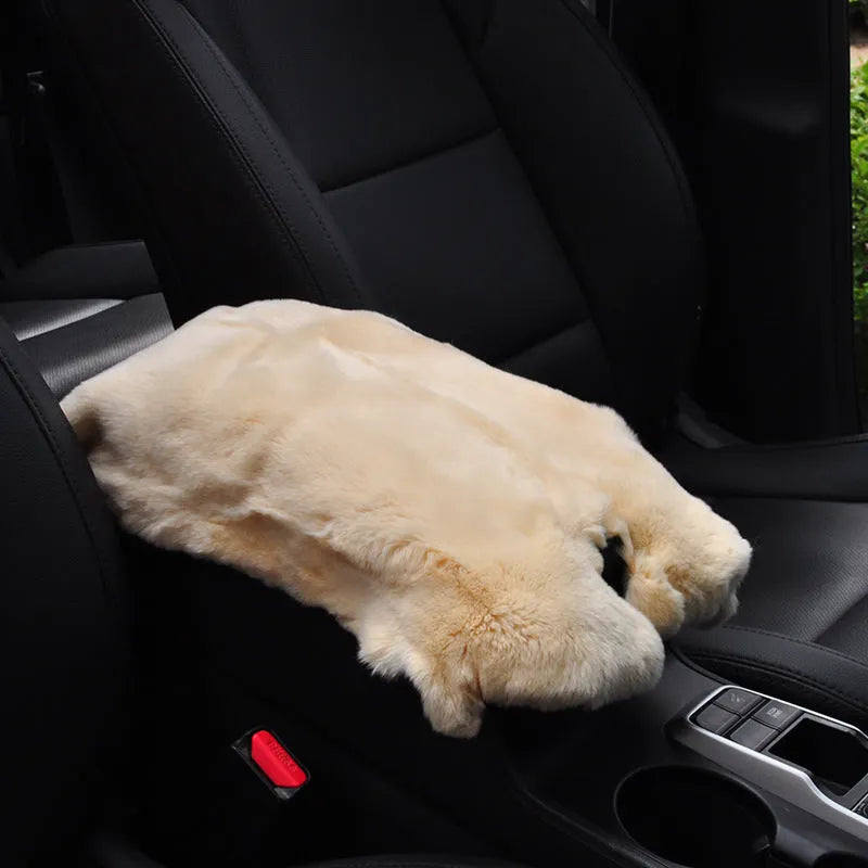 Rex rabbit fur car armrest cushion on center armrest box, beige colour, soft plush texture