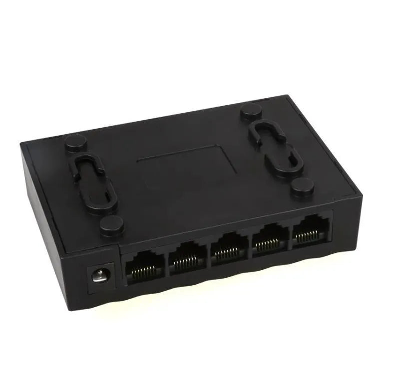 5-port Gigabit Ethernet switch in black with LED lights and RJ45 ports on front panel