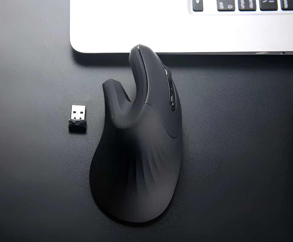 Wireless vertical mouse with 6 buttons, black, ergonomic design, adjustable DPI, on a desk surface