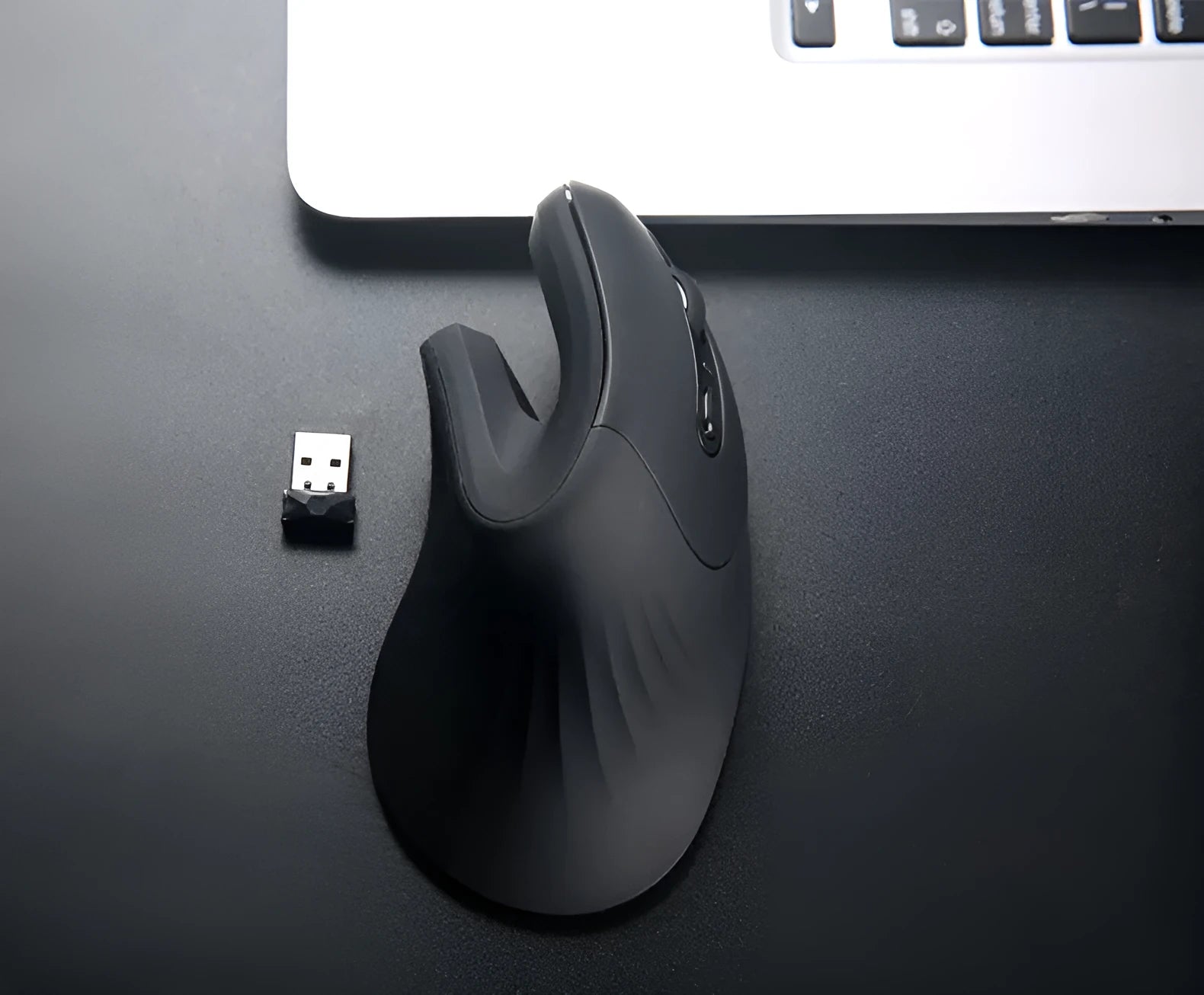 Wireless vertical mouse with 6 buttons, black, ergonomic design, adjustable DPI, on a desk surface