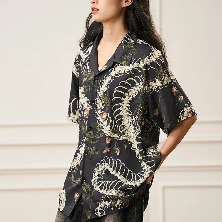 Men's loose-fit Cuban collar shirt with a snake bone floral pattern on short sleeves.