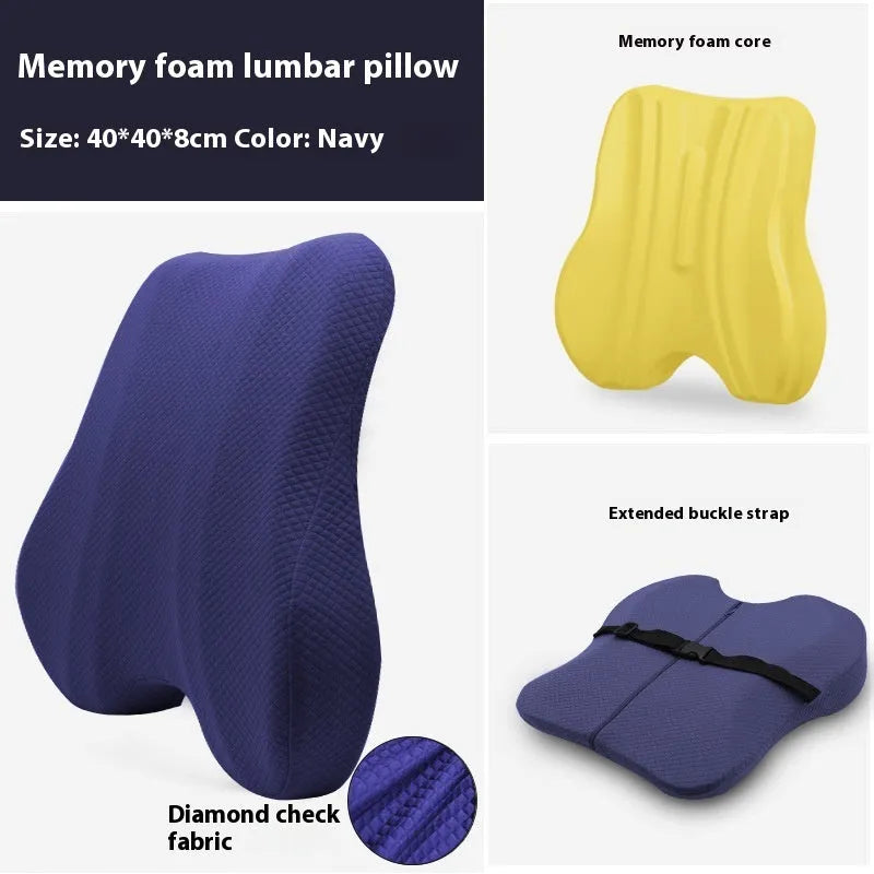 Grey lumbar support cushion for office chair measuring 40cm wide, shown next to navy blue and pink colour options.