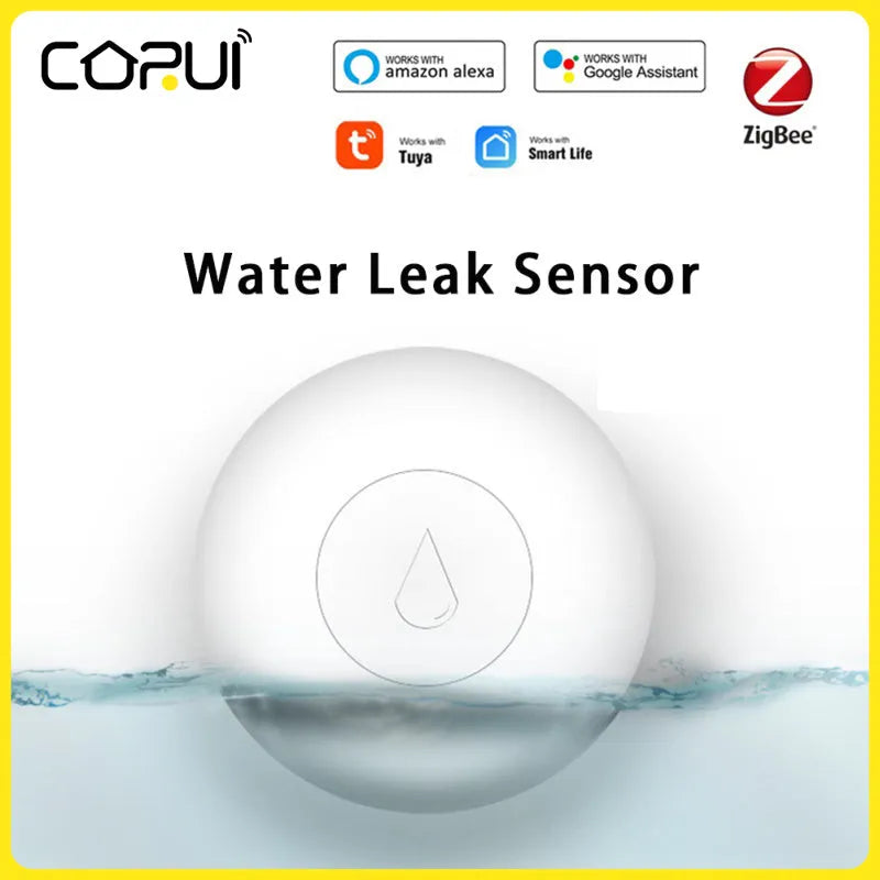 Compact white Zigbee wireless water flood sensor on a table