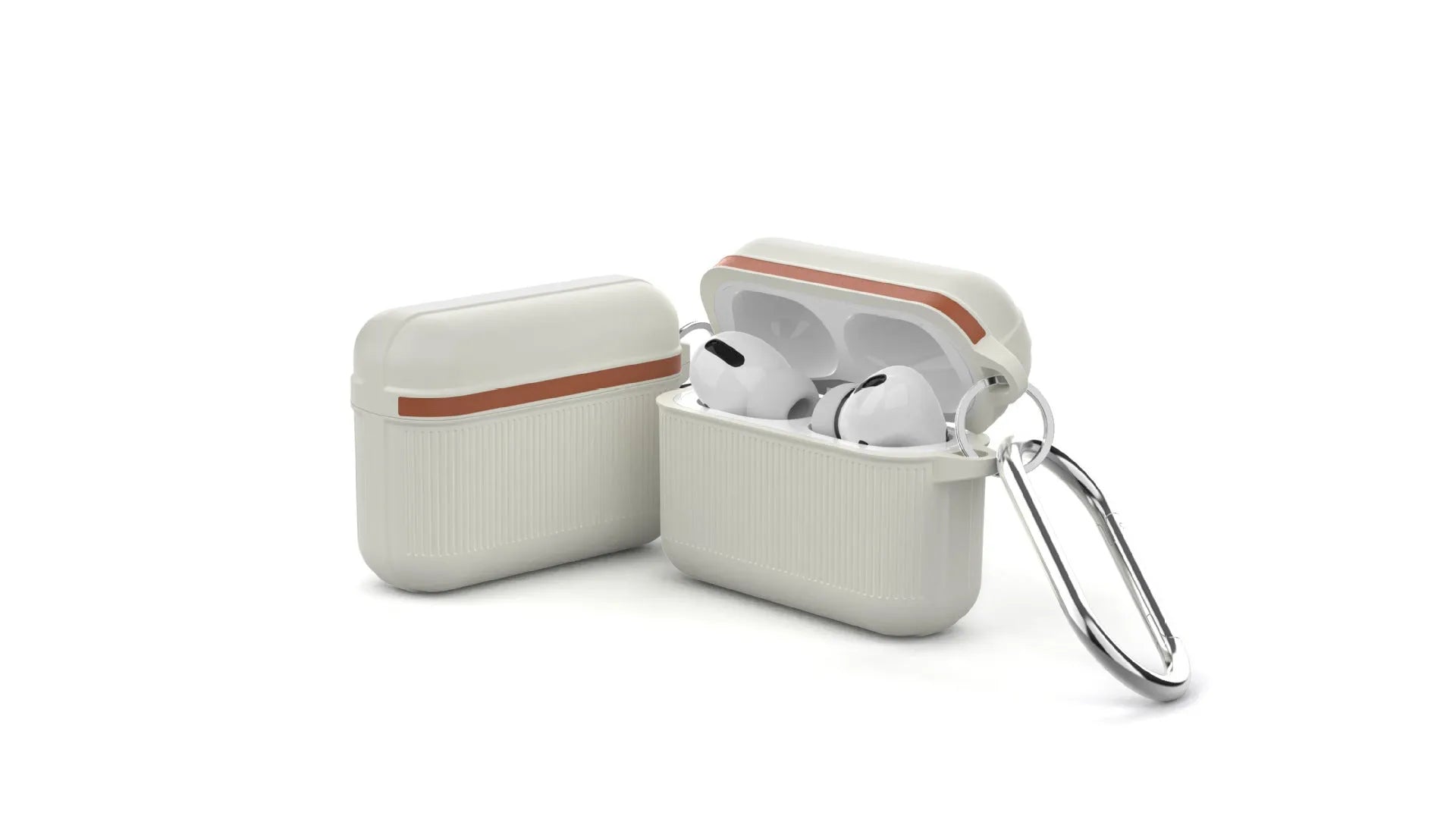 Silicone protective case for Apple AirPods in a clamshell design with a metal buckle attached.