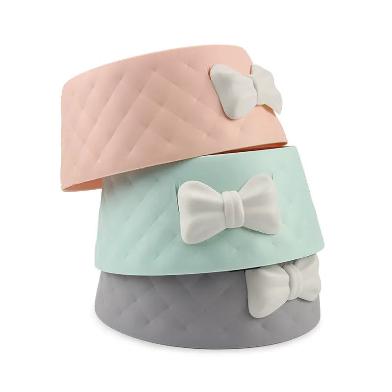 PP plastic pet bowl with bow and animal face design in pink, green, or grey colour options