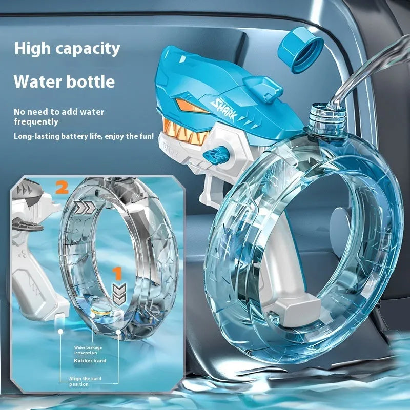 Blue electric shark water gun toy with automatic continuous fire system for outdoor summer water play