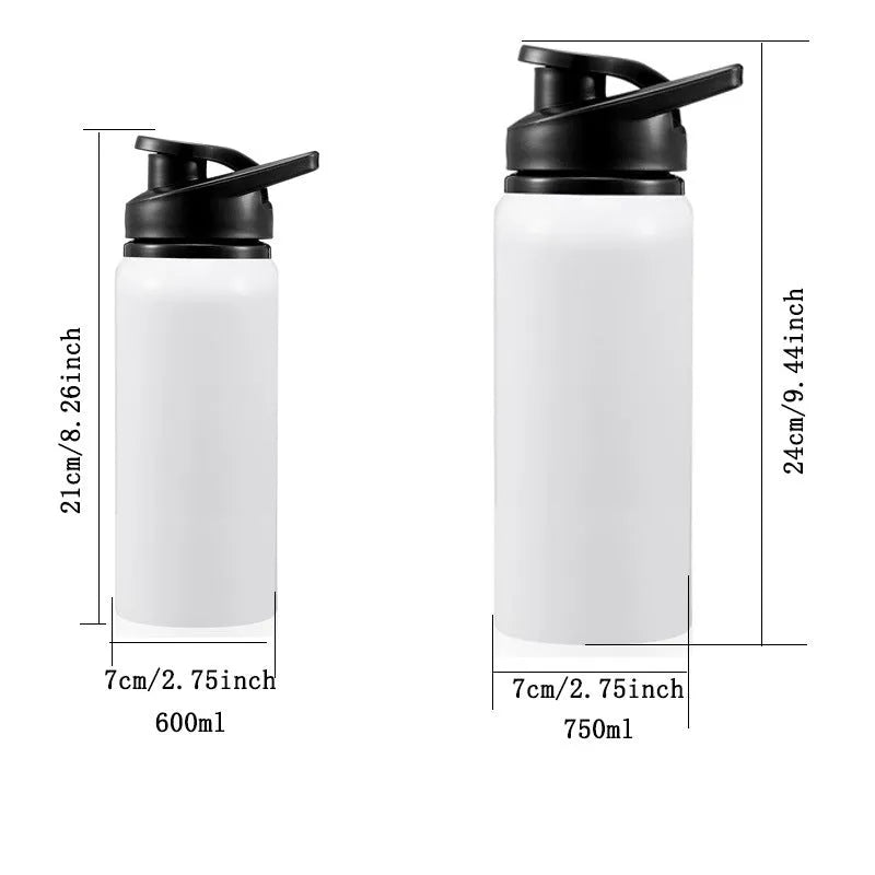 White aluminium sports water bottle for cycling and outdoor activities in 600ml and 750ml capacity options
