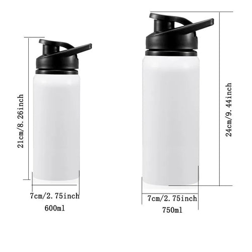 White aluminium sports water bottle for cycling and outdoor activities in 600ml and 750ml capacity options