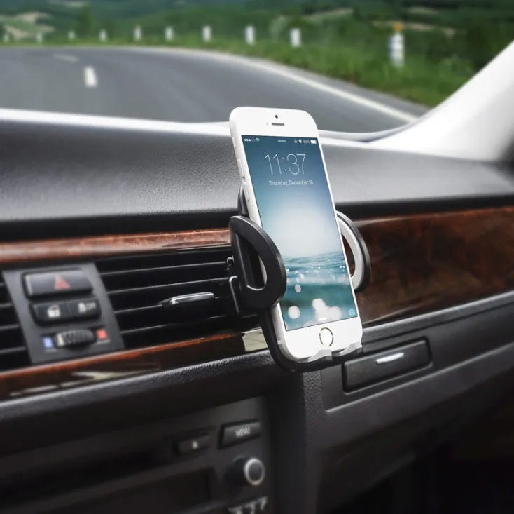 Black ABS plastic car air vent phone holder with adjustable gooseneck arm and universal phone clamp