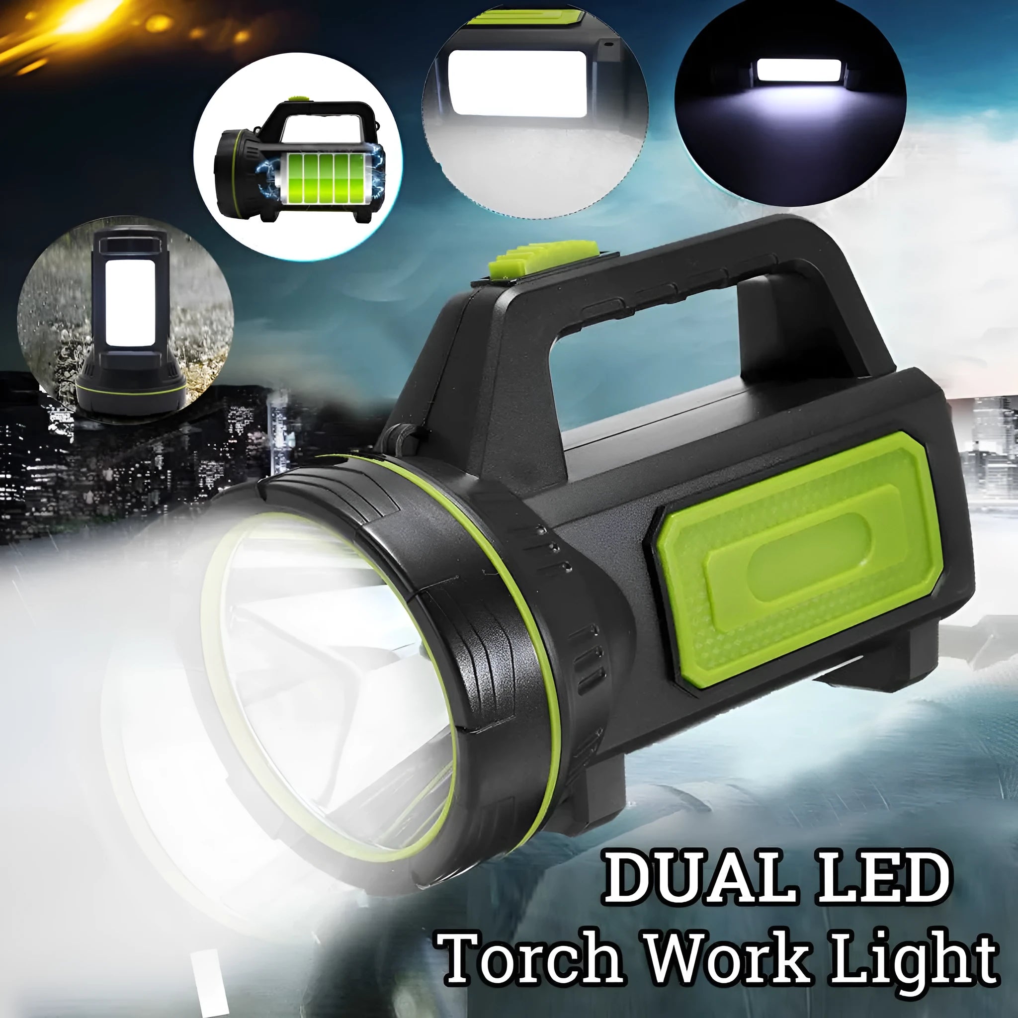 Green USB-rechargeable LED flashlight with dual-mode light function on a table.
