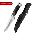 Camping portable fruit knife with stainless steel blade and brown leather sheath case