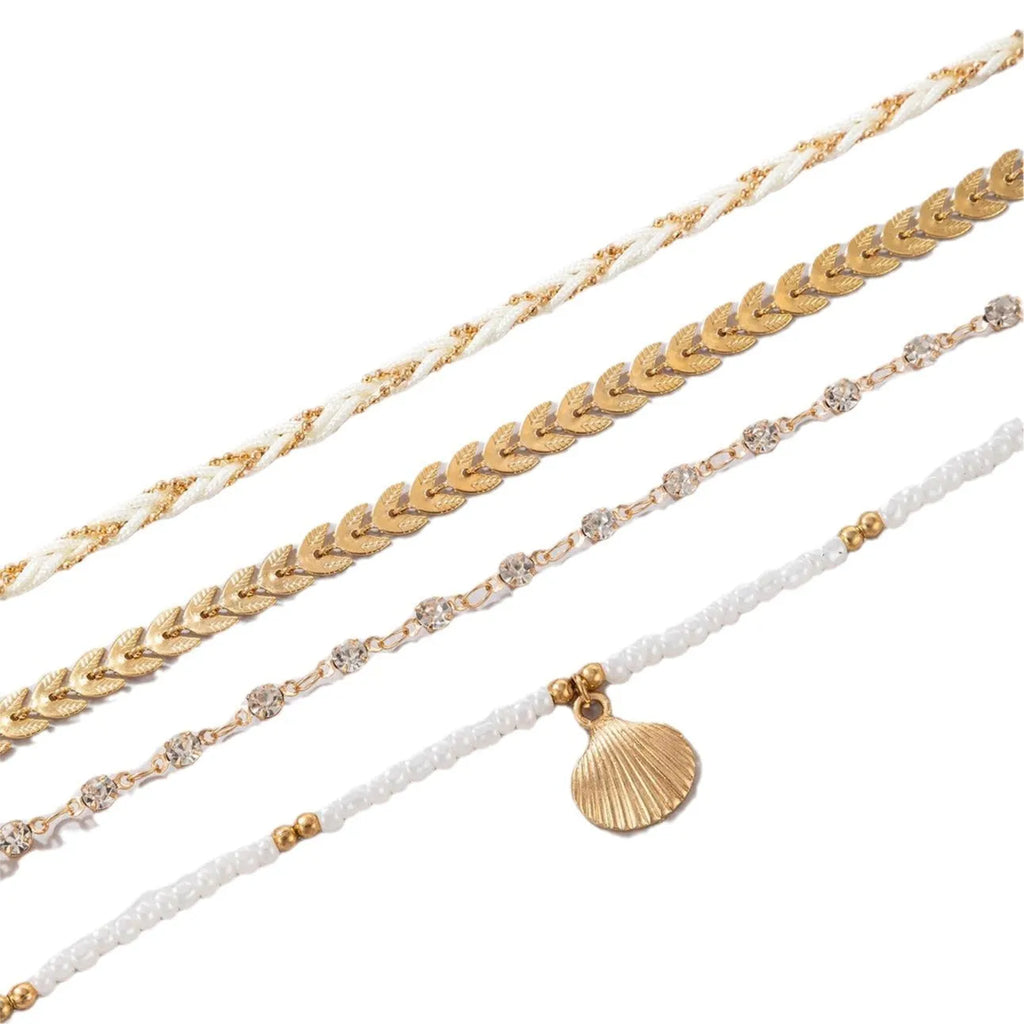4pcs bohemian woven rope foot chain set with geometric alloy black beads and dropping oil in Style21255