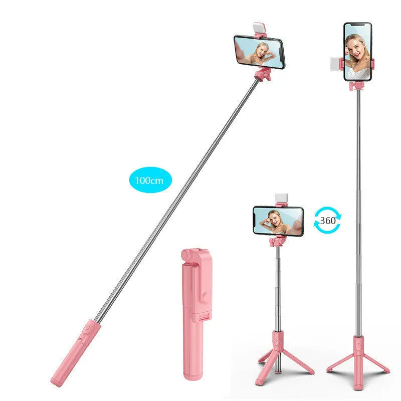 Aluminium alloy Bluetooth selfie stick with integrated tripod base and 360-degree rotating phone holder in black colour.