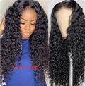 Front lace synthetic wig in black with long curly hair and side bangs, natural look