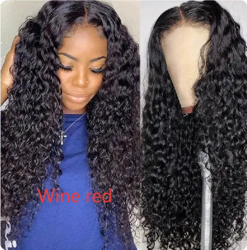 Front lace synthetic wig in black with long curly hair and side bangs, natural look