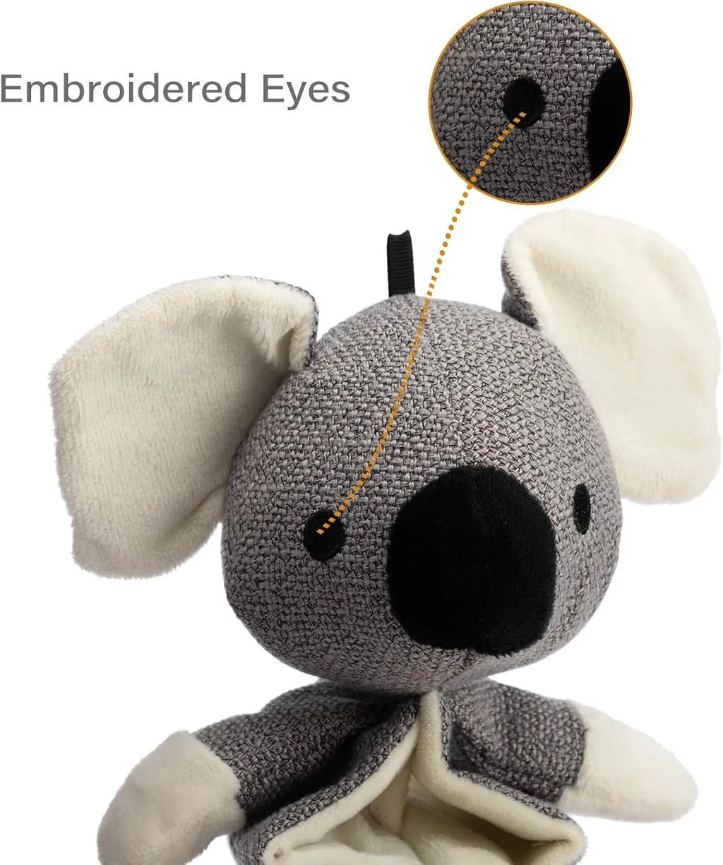 Gray koala-shaped dog toy measuring 30cm with plush limbs and squeaky crinkle paper interior.