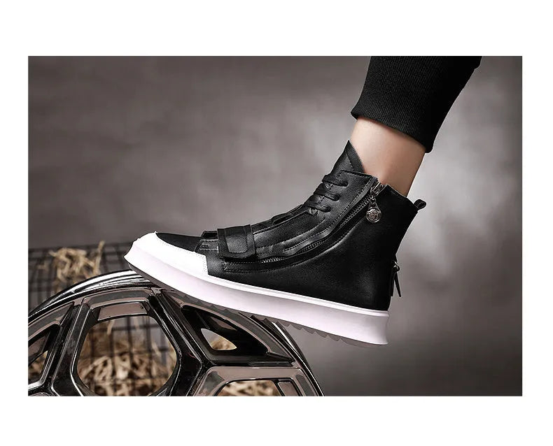 Men's black and white PU leather high-top ankle boots for winter, showing sneaker-style design.