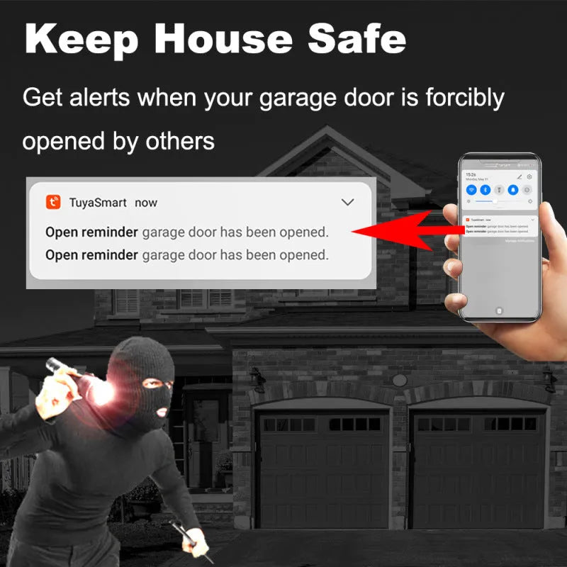 Black plastic WiFi garage door controller with mounting accessories for smart home automation