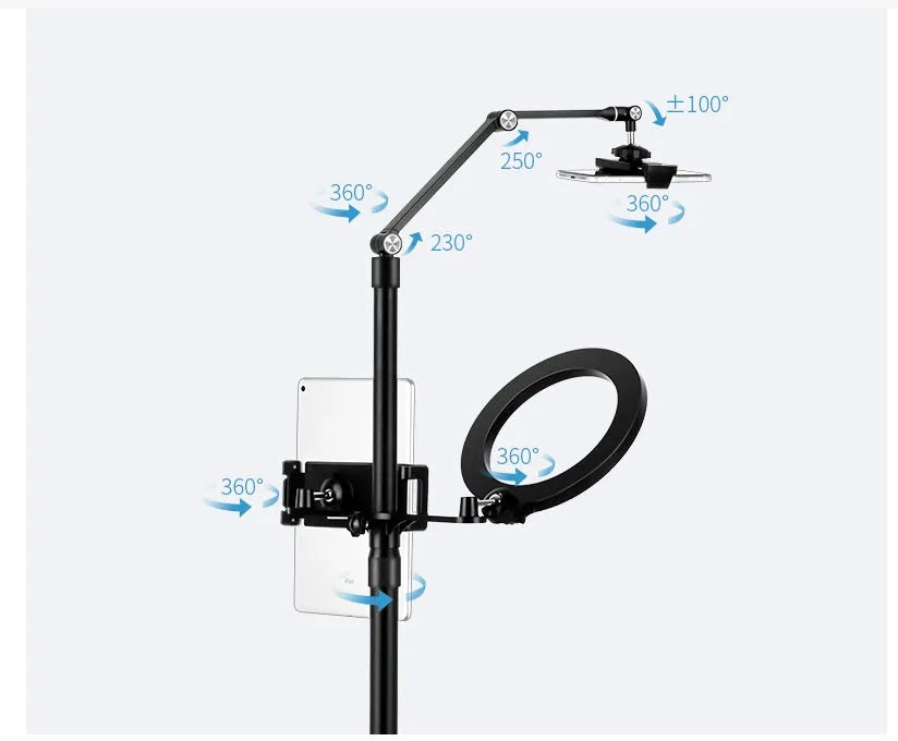 Black mobile phone tablet stand with fill light attachment in folded position showing rotation mechanism